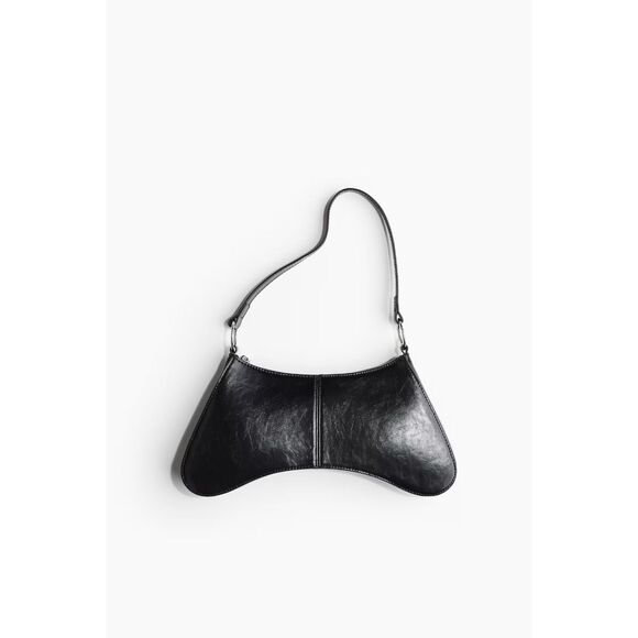 Faux Leather Black Shoulder Bag Classy Curved Minimalist Ring Detail Mini Purse - Picture 1 of 9